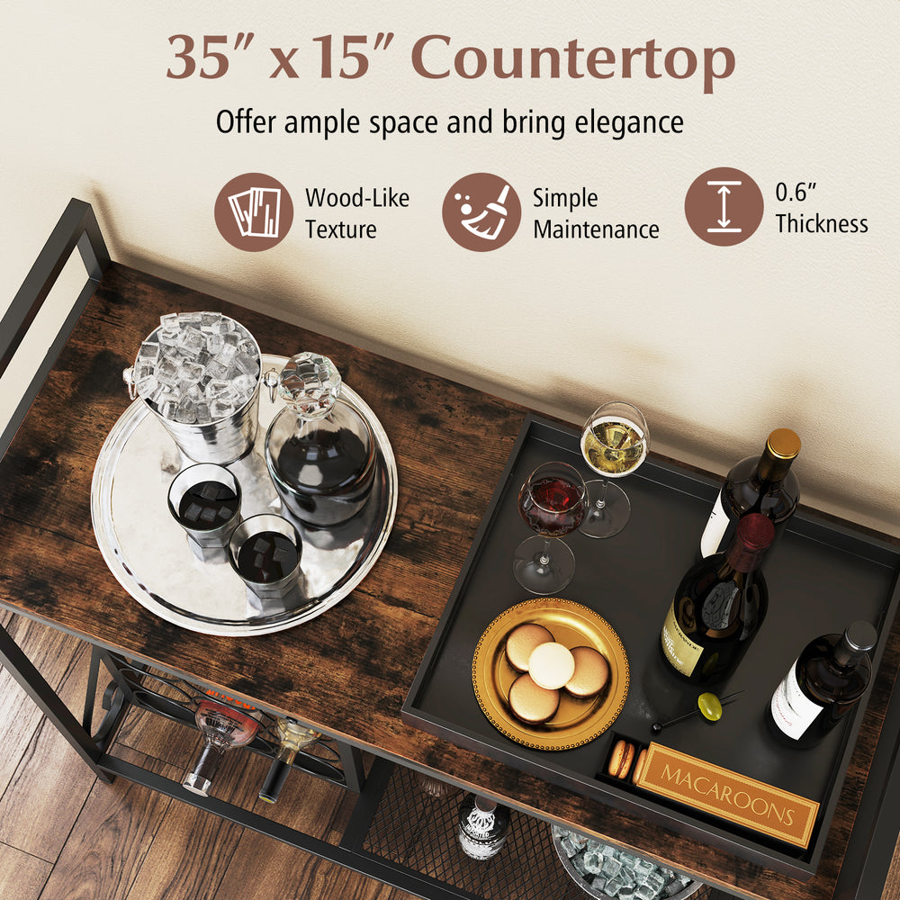 Rustic brown countertop with wood-like texture, ideal for wine storage and serving in dining rooms or kitchens.