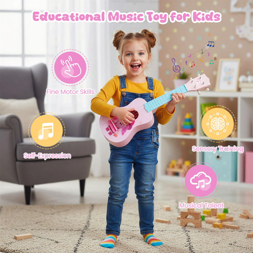 21-inch children’s mini ukulele with 4 nylon strings, designed for kids' musical education and fine motor skills.