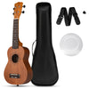 21-inch soprano mahogany ukulele set with gig bag, strap, pick, and extra strings, perfect for beginners and travel.