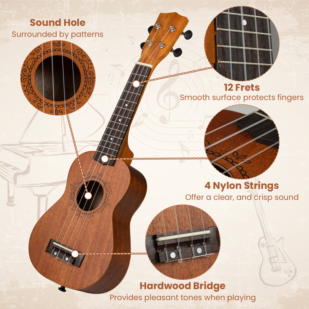 21-inch soprano mahogany ukulele with 12 frets, nylon strings, and decorative sound hole, perfect for beginners.