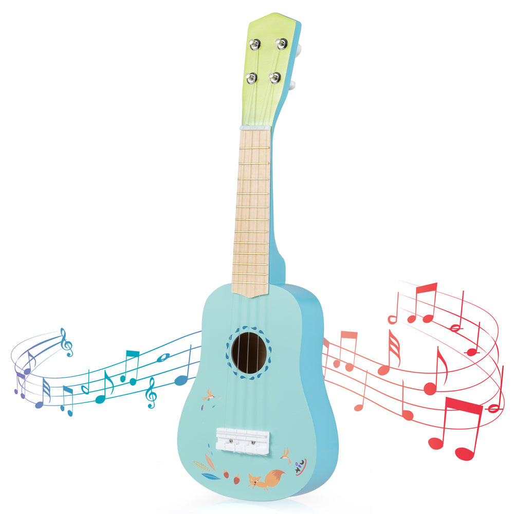 Colorful 21-inch ukulele guitar for kids, featuring a basswood body and smooth frets, ideal for music beginners.