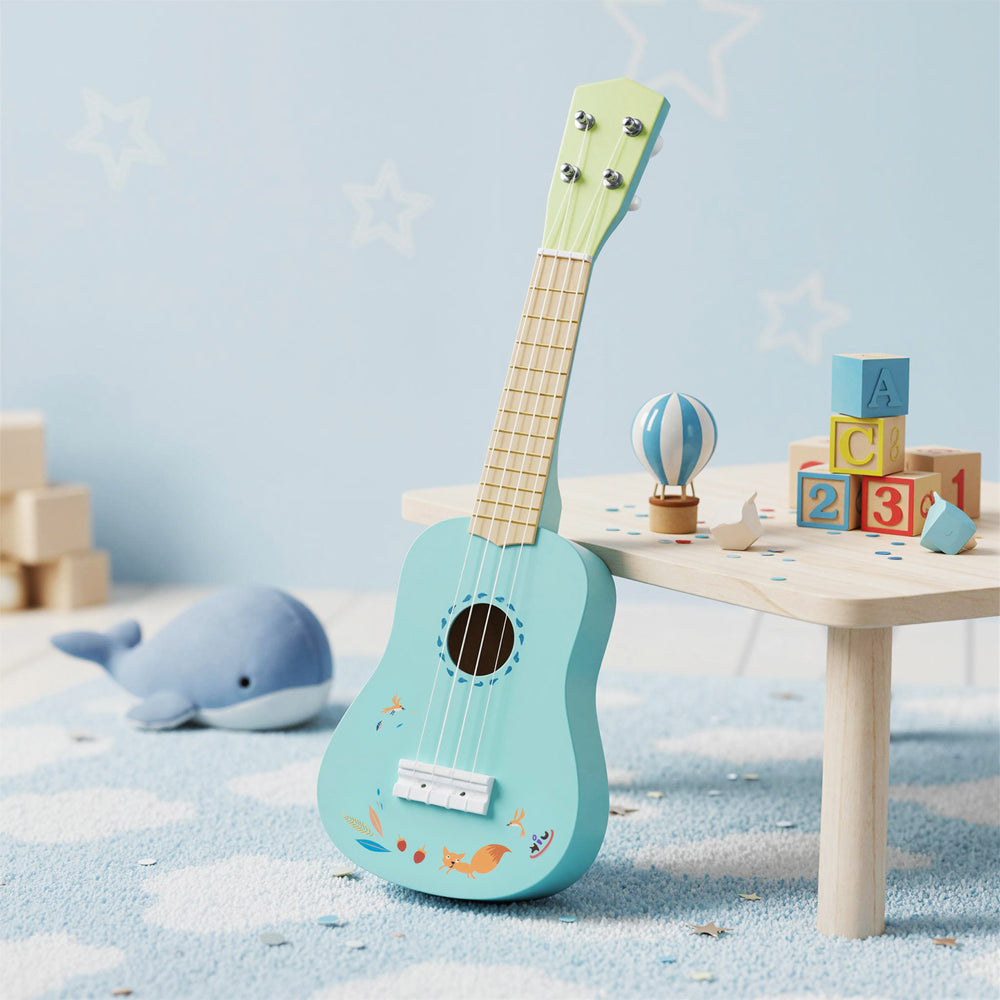 21-inch kids' ukulele with a basswood body, featuring smooth frets and colorful design, perfect for music beginners.