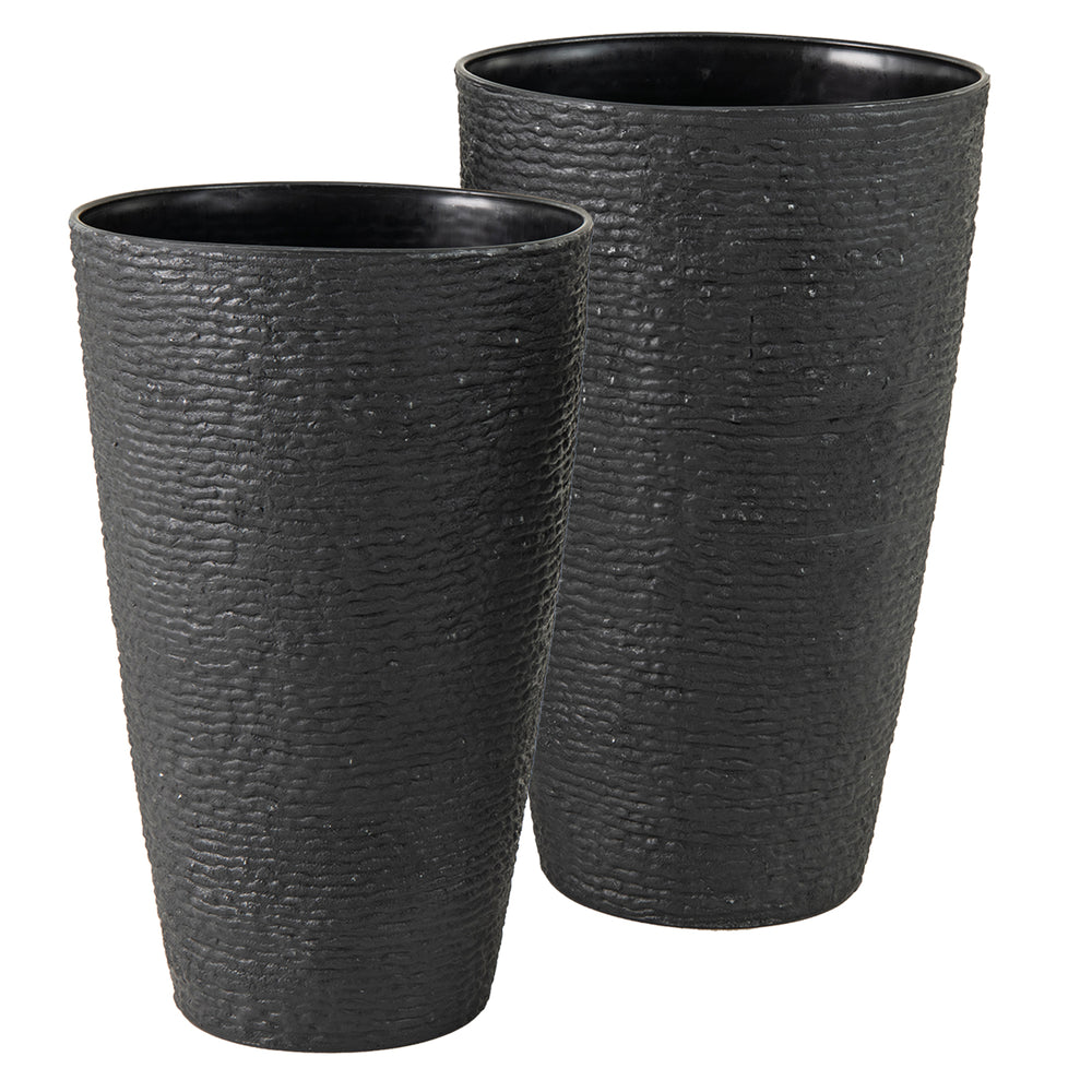 Set of 2 black 21-inch tall round plastic planters with drainage holes, ideal for indoor and outdoor plant arrangements.