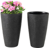 Set of 2 black 21-inch tall round plastic planters with drainage holes, ideal for indoor and outdoor flower.
