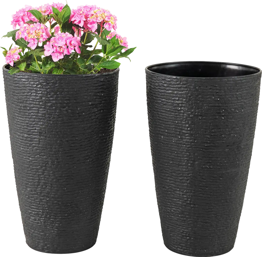 Set of 2 black 21-inch tall round plastic planters with drainage holes, ideal for indoor and outdoor flower.