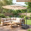 Cantilever patio umbrella base stand with wheels, fillable up to 220 lbs, made of durable HDPE for easy transport.