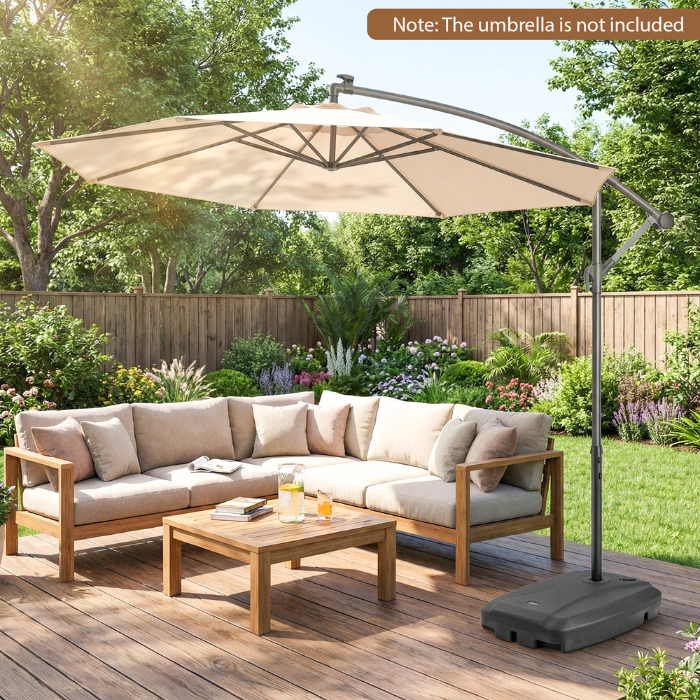 Cantilever patio umbrella base stand with wheels, fillable up to 220 lbs, made of durable HDPE for easy transport.