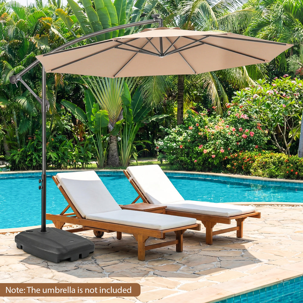 Black cantilever patio umbrella base stand with wheels, refillable for 220 lbs weight, ideal for outdoor use.
