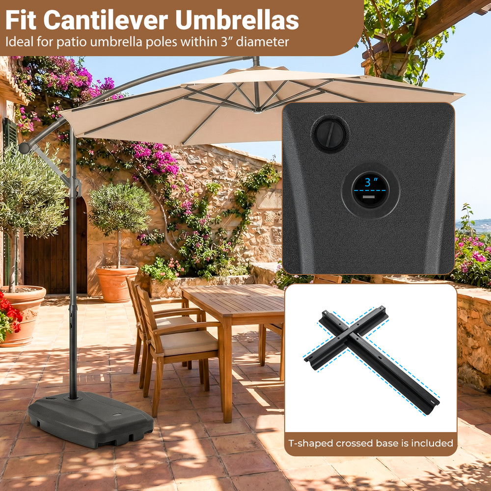 Heavy-duty 220 lbs cantilever patio umbrella base stand in black, featuring wheels for easy mobility and refillable.