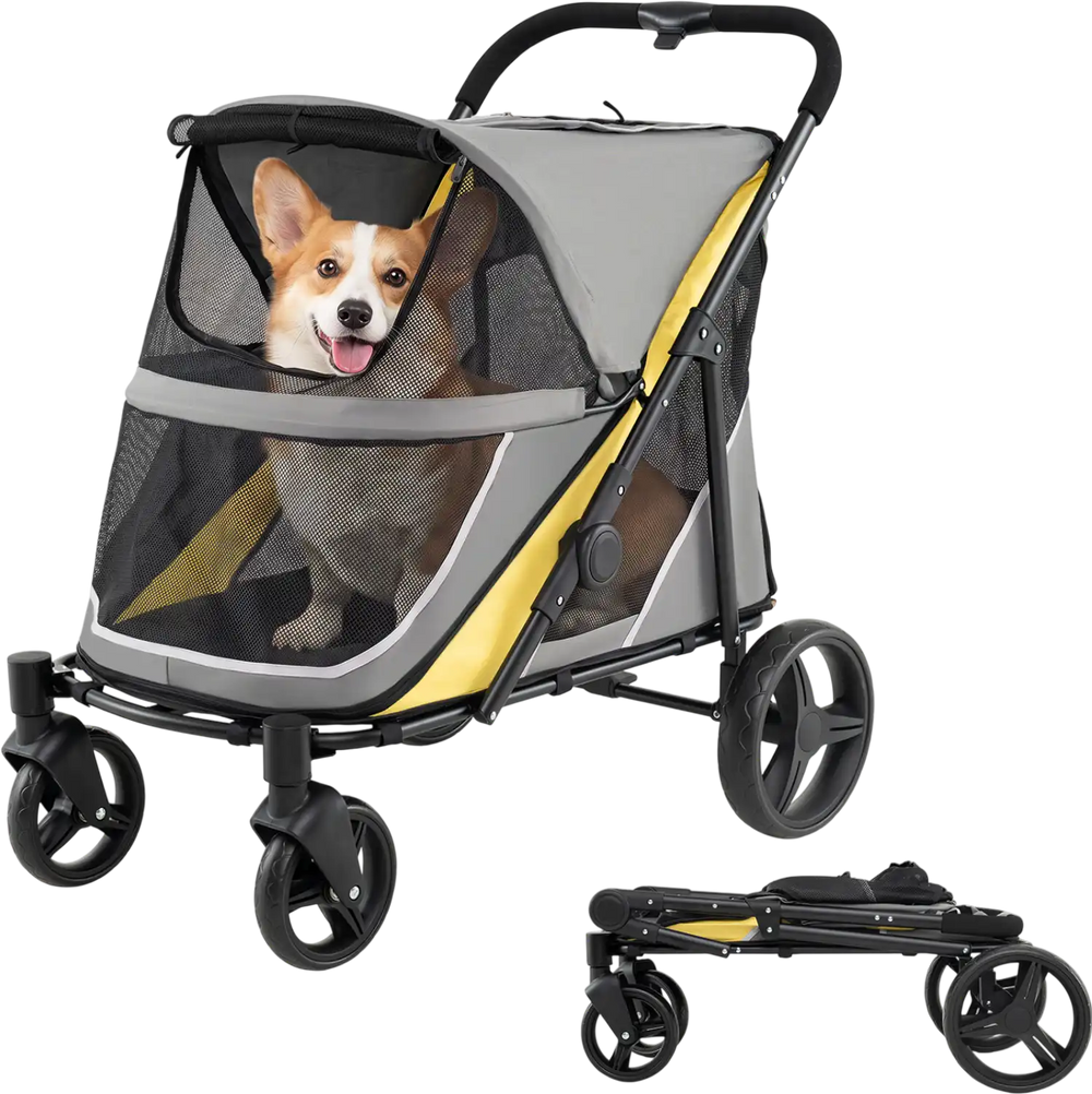 Heavy-duty dog stroller in yellow with spacious cabin, mesh walls, and big wheels for large pets and easy travel.