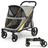 Heavy-duty dog stroller in yellow with spacious cabin, mesh walls, and big wheels for easy travel with large pets.