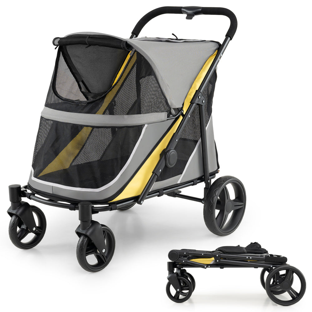 Heavy-duty dog stroller in yellow with spacious cabin, mesh walls, and big wheels for easy travel with large pets.