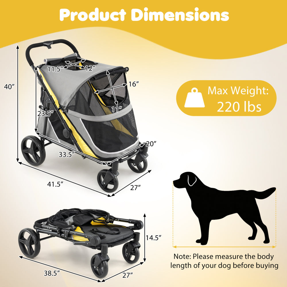 Heavy-duty dog stroller in yellow with spacious cabin, robust frame, and large wheels for easy travel with pets.