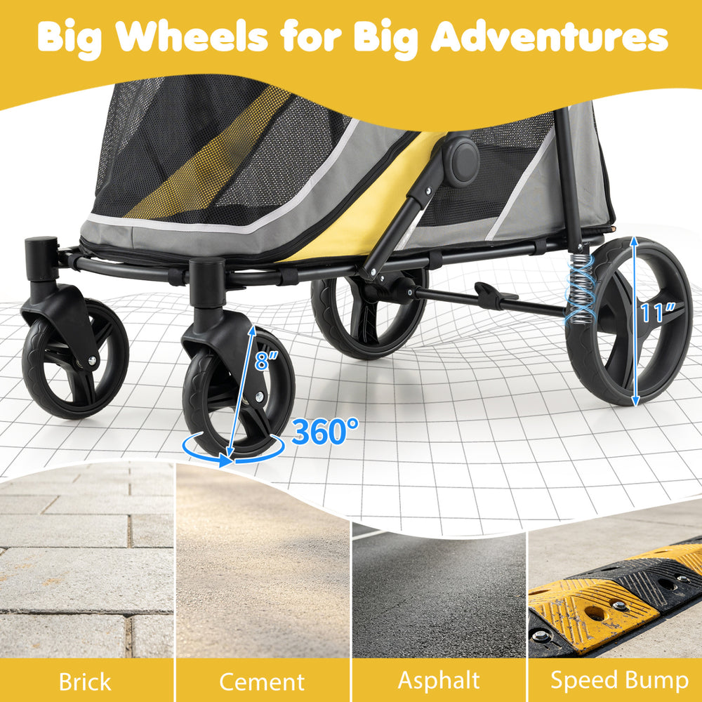 Heavy-duty dog stroller with 11" big wheels for smooth rides on various terrains, supporting up to 220 lbs of pets.