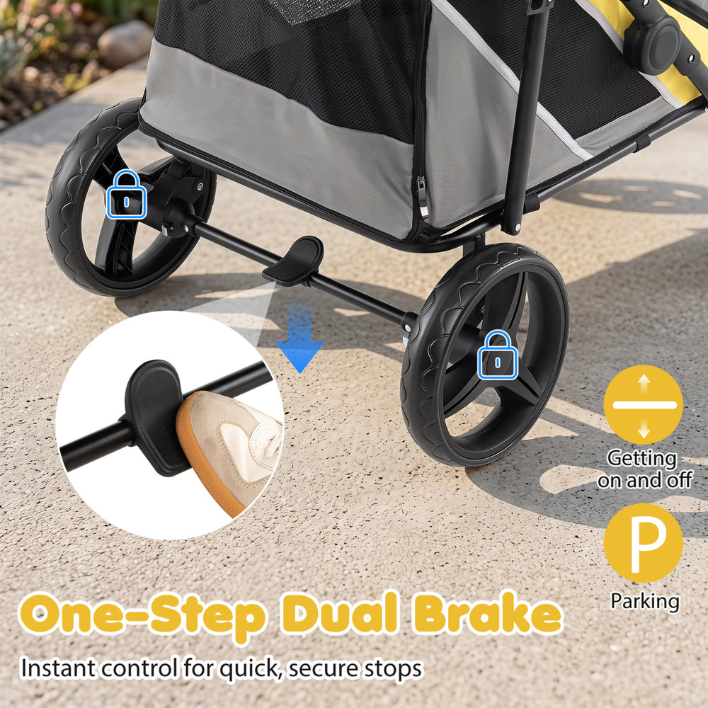 One-step dual brake on the heavy-duty dog stroller ensures quick, secure stops for large and medium dogs during outings.
