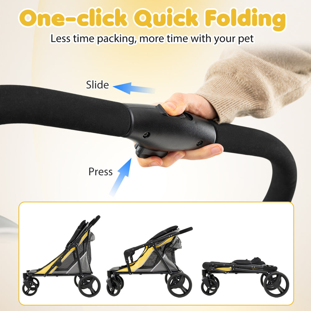 One-click folding feature of the yellow 220 lbs heavy-duty dog stroller for easy storage and travel with pets.