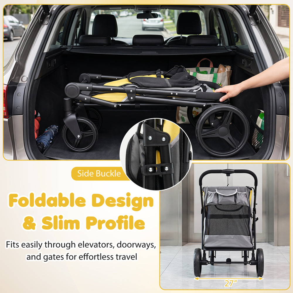 Heavy-duty dog stroller with a foldable design, spacious cabin, and large wheels for easy travel with pets.
