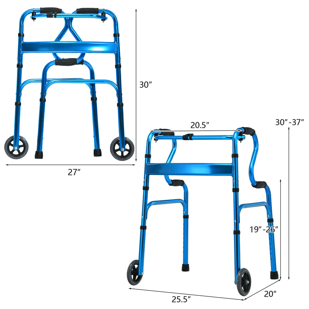 Blue aluminum heavy-duty folding wheeled stand-assist walker with adjustable height and dual-tier armrests for easy.