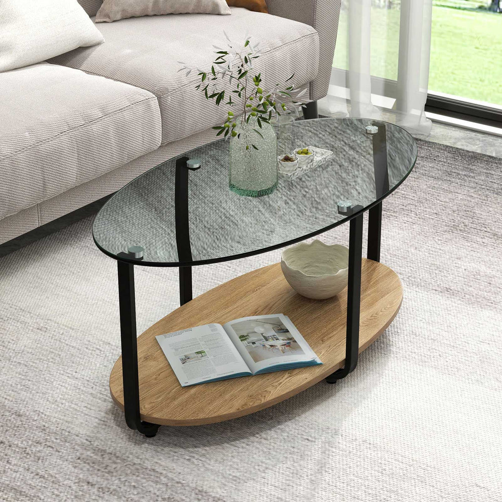 Oval coffee table with tempered glass top and wooden shelf, featuring a modern design for living room decor.