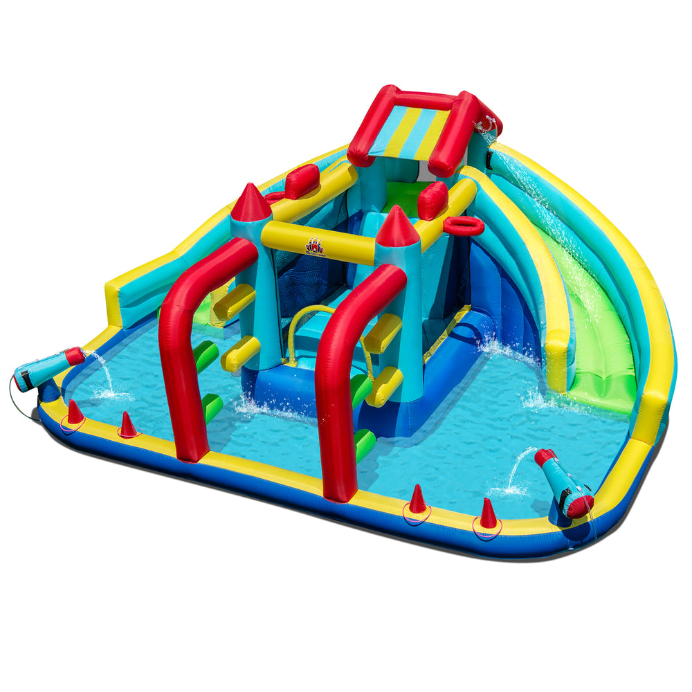 Inflatable Double Water Slide Park featuring slides, obstacle course, and basketball hoops for outdoor fun.