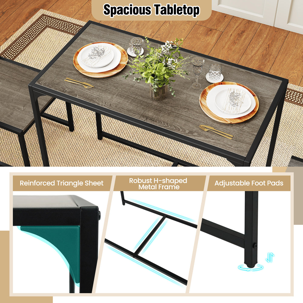 Compact dining set featuring a spacious tabletop with faux wood grain, robust metal frame, and two tuckable chairs.