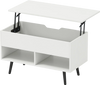 Lift-top coffee table in white with hidden storage and two open shelves, ideal for modern living spaces.