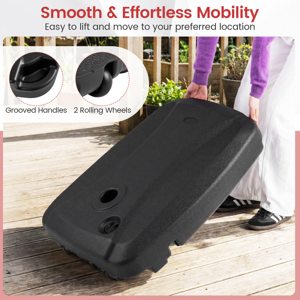 Cantilever patio umbrella base with wheels and grooved handles for easy mobility, holds up to 225 lbs for stability.