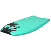 Lightweight turquoise bodyboard with palm design, made of EPS core and XPE deck, ideal for summer surfing adventures.