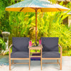 Two-seater acacia wood loveseat with thick cushions and separable coffee table, perfect for outdoor relaxation.