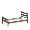 Twin size rustic style platform bed frame in dark brown with headboard and footboard, made of sturdy pine wood.