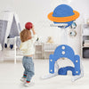 Kids basketball hoop set in blue with adjustable height, planet backboard, ideal for indoor and outdoor play.