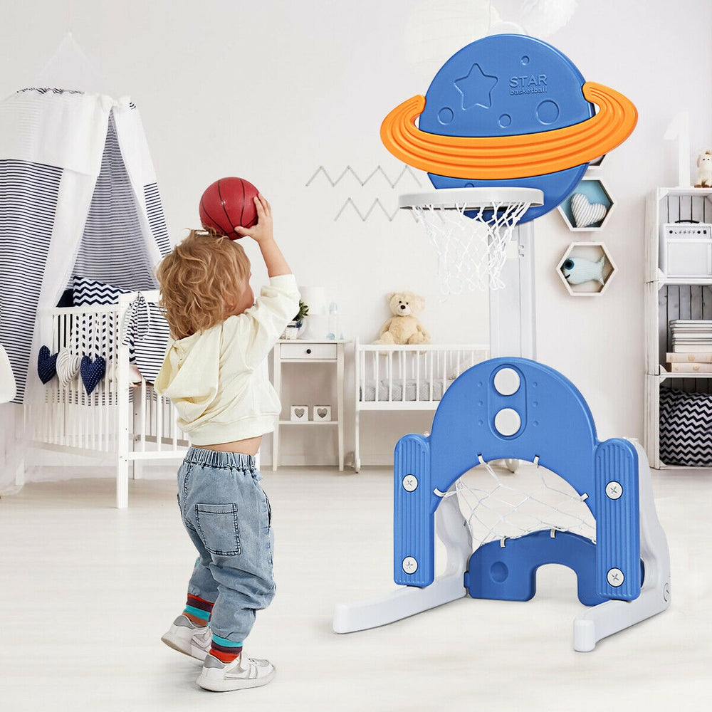 Kids basketball hoop set in blue with adjustable height, planet backboard, ideal for indoor and outdoor play.