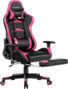 Massage gaming chair in pink with adjustable backrest and retractable footrest for ultimate comfort and relaxation.