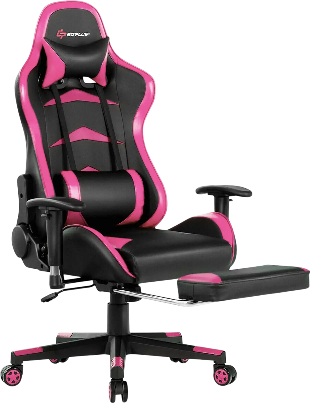 Massage gaming chair in pink with adjustable backrest and retractable footrest for ultimate comfort and relaxation.