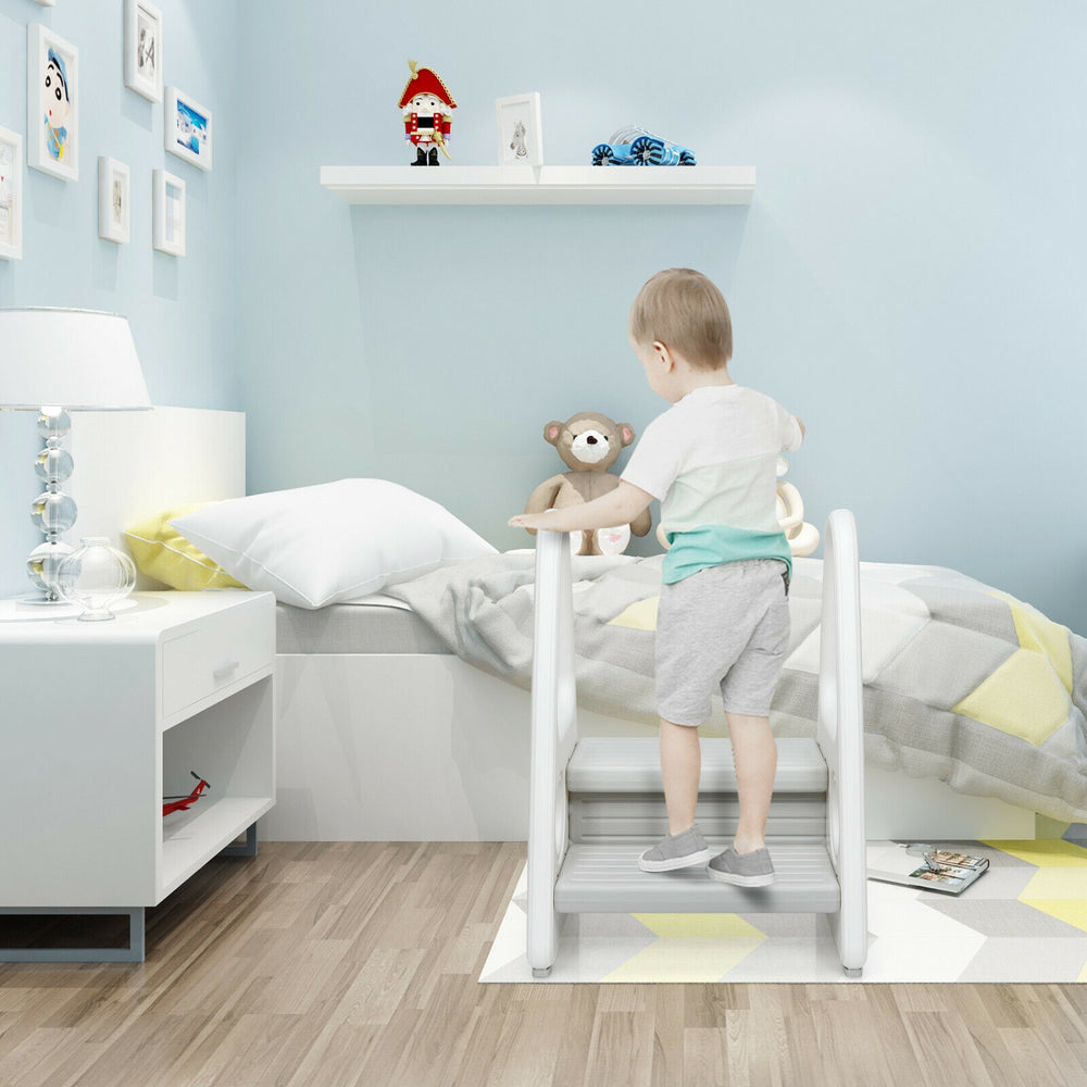 Kids step stool learning helper in gray with armrests, designed for safe climbing and independence in the bathroom.