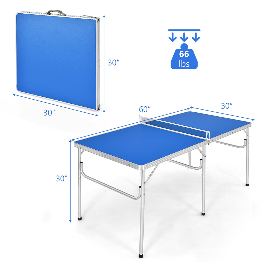 Portable 60-inch blue ping pong folding table with PVC laminated MDF, includes paddles and balls, ideal for small areas.
