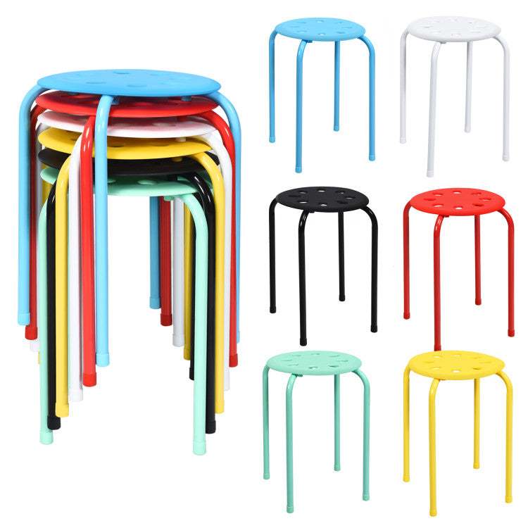 Colorful stackable stools in various shades, ideal for versatile seating in kitchens or dining areas.