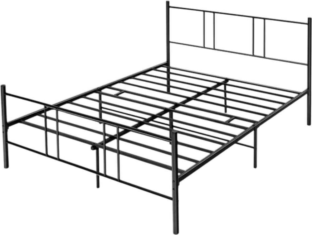 Black steel platform bed frame with high headboard, featuring sturdy construction and ergonomic support for reading.