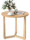 Round side table with sturdy rubber wood legs, featuring a natural finish, perfect for living rooms or bedrooms.