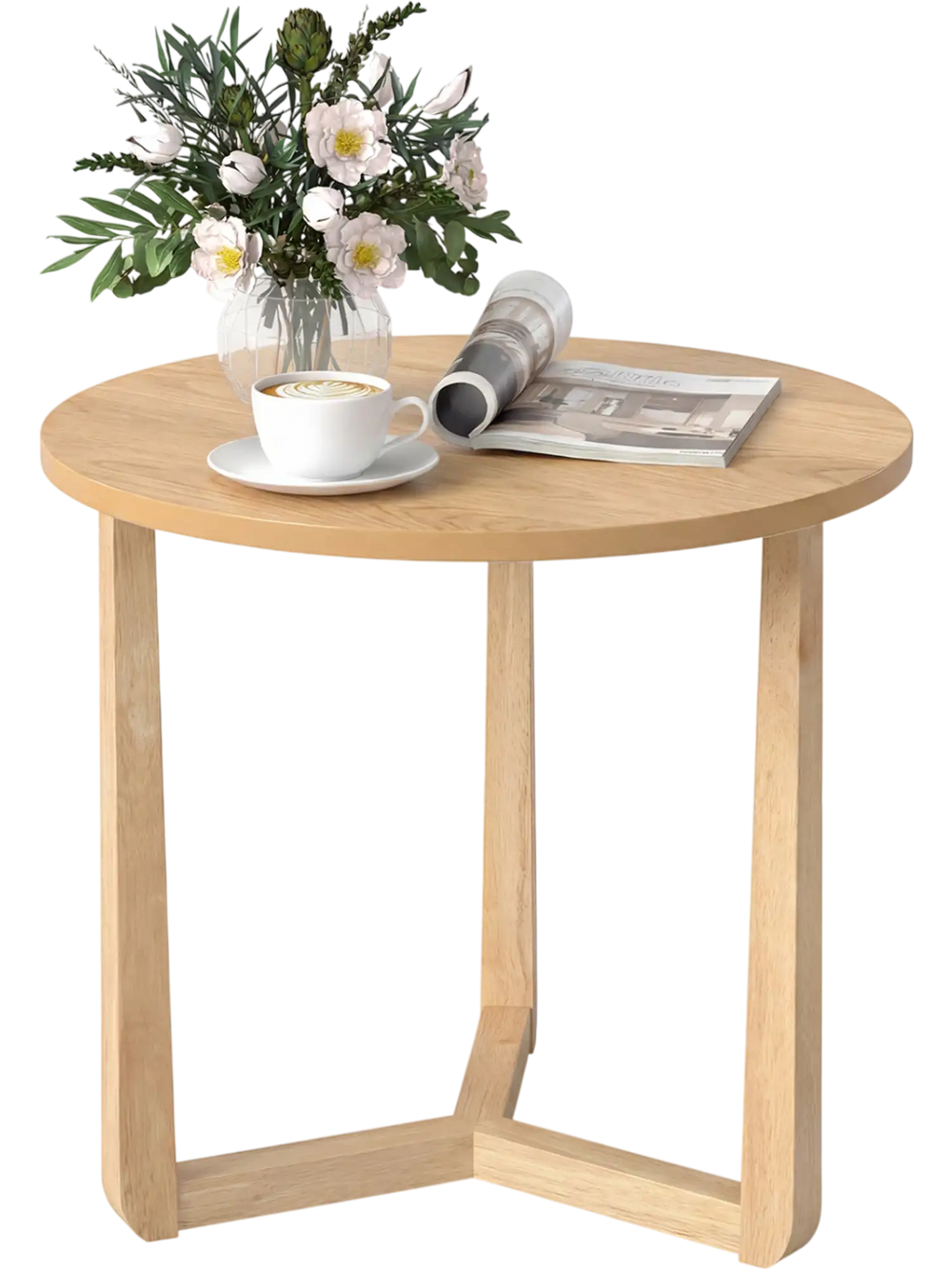Round side table with sturdy rubber wood legs, featuring a natural finish, perfect for living rooms or bedrooms.