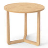 Round side table with sturdy rubber wood legs, featuring a natural finish and triangular structure for enhanced.