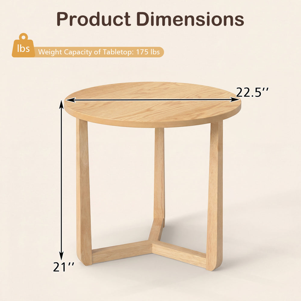 Round side table with sturdy rubber wood legs, 22.5" diameter, ideal for living rooms and bedrooms.