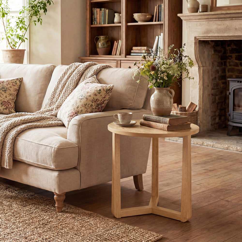 Rustic 22.5" round side table showcasing a natural wood finish, ideal as a versatile accent table in any cozy setting.