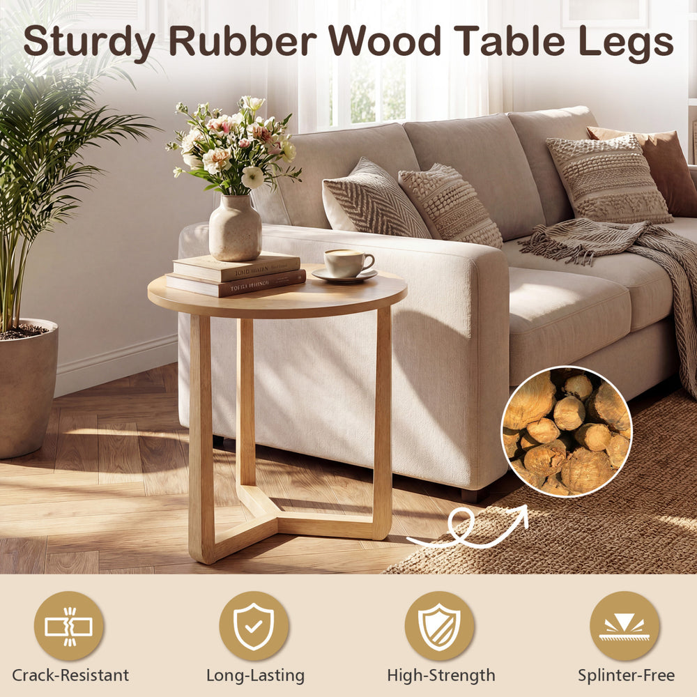 Round side table with sturdy rubber wood legs, featuring a natural finish and stable triangular structure for versatile.