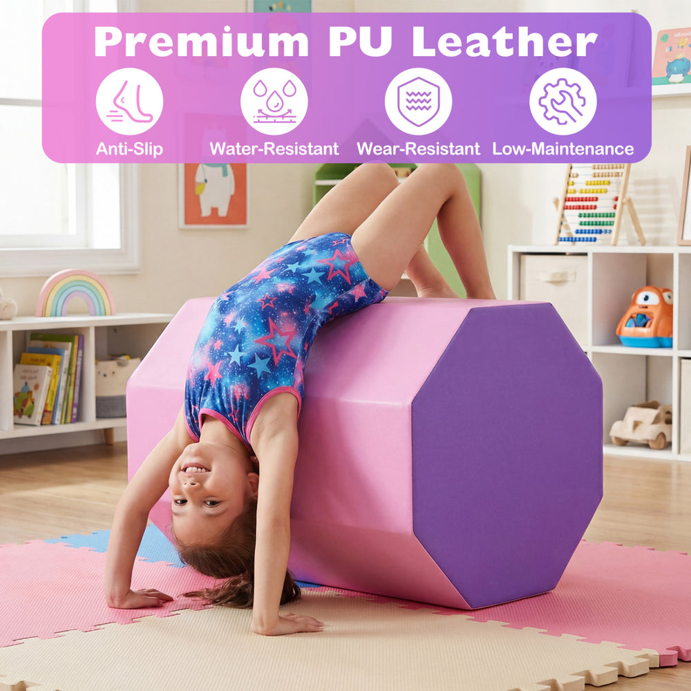 Octagon tumbling mat in pink with thick foam filling, perfect for gymnastics and cheerleading practice at home or gym.