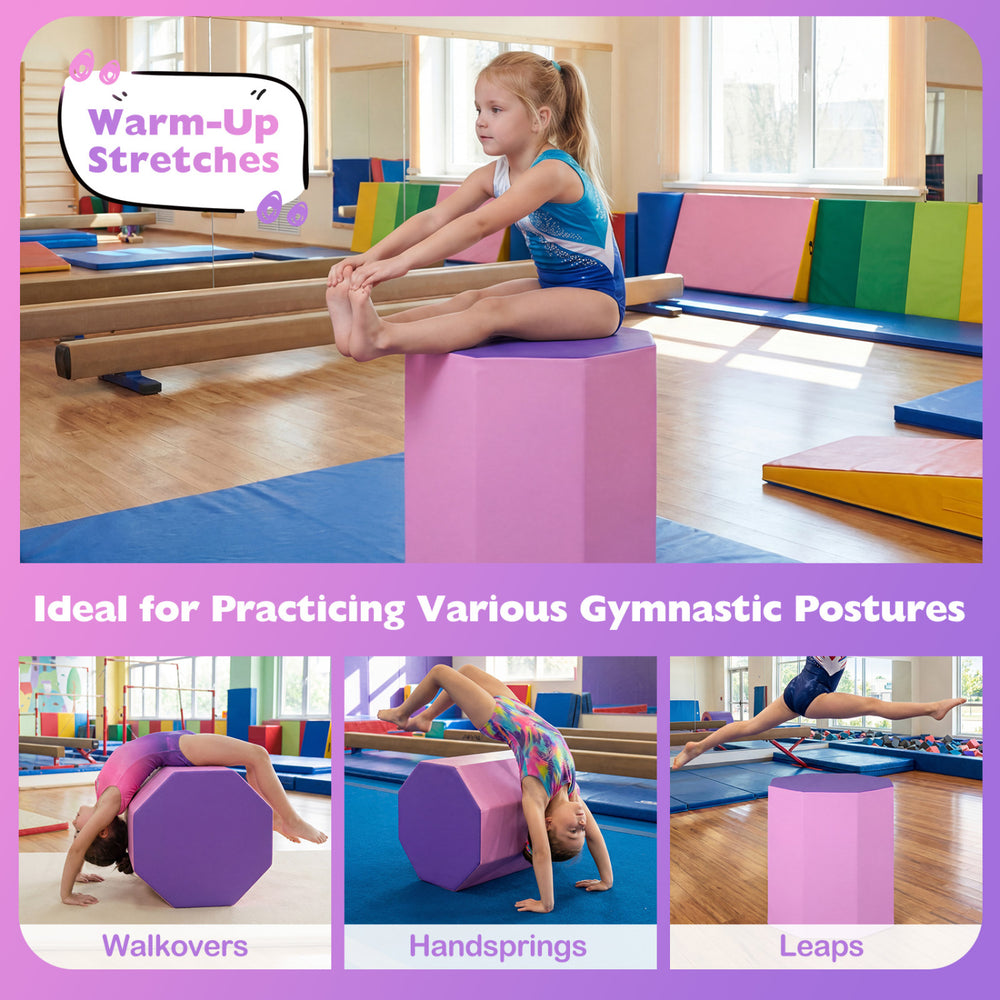 Octagon tumbling mat in pink, 22.5" x 26", ideal for practicing gymnastic postures like walkovers and handsprings.