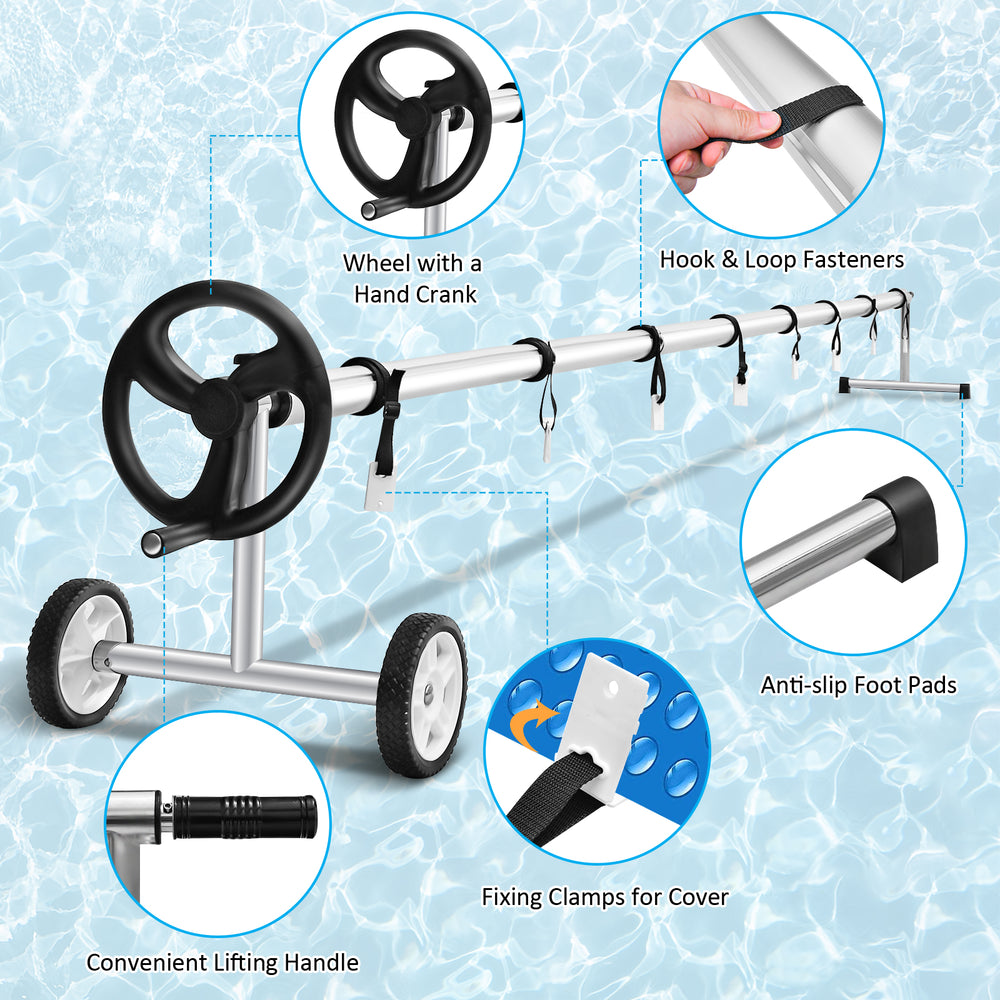 Aluminum pool cover reel set with hand crank, adjustable length, and non-slip foot pads for in-ground pools.