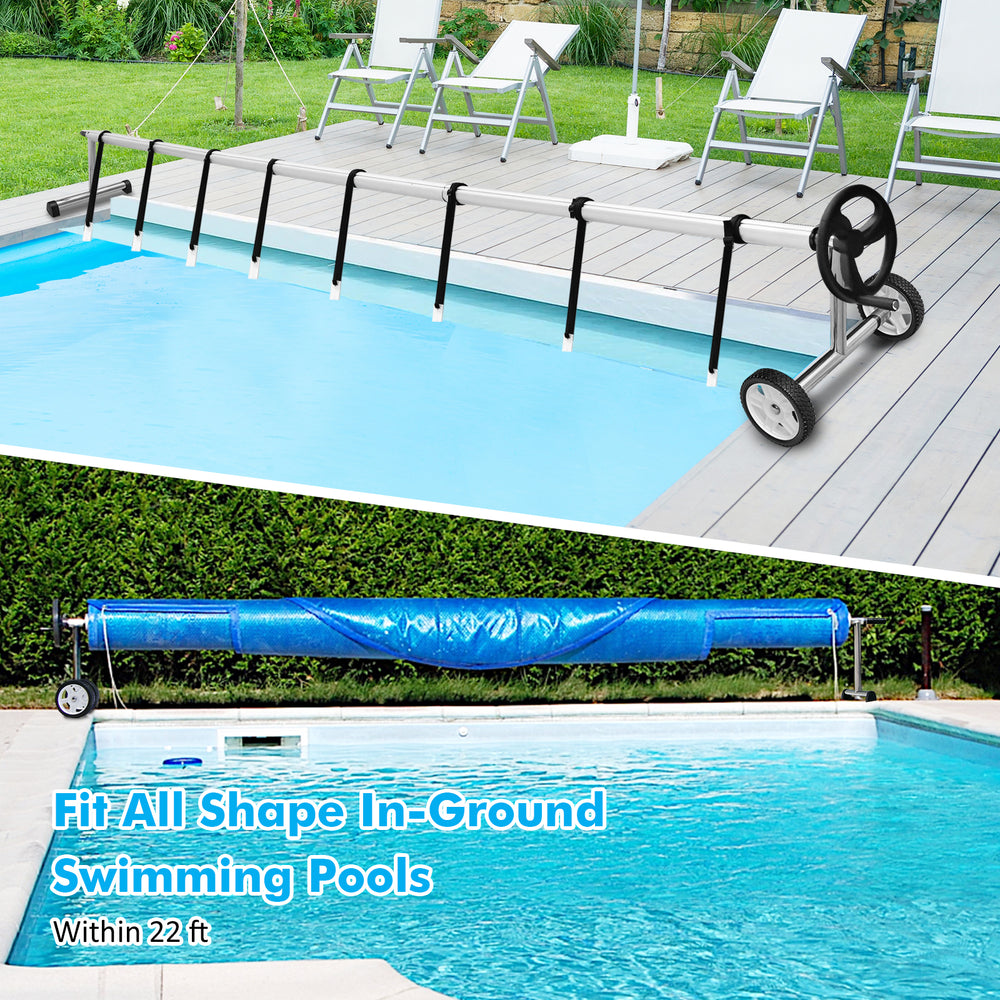 Aluminum pool cover reel set for in-ground pools, adjustable up to 22 ft, featuring wheels for easy mobility.
