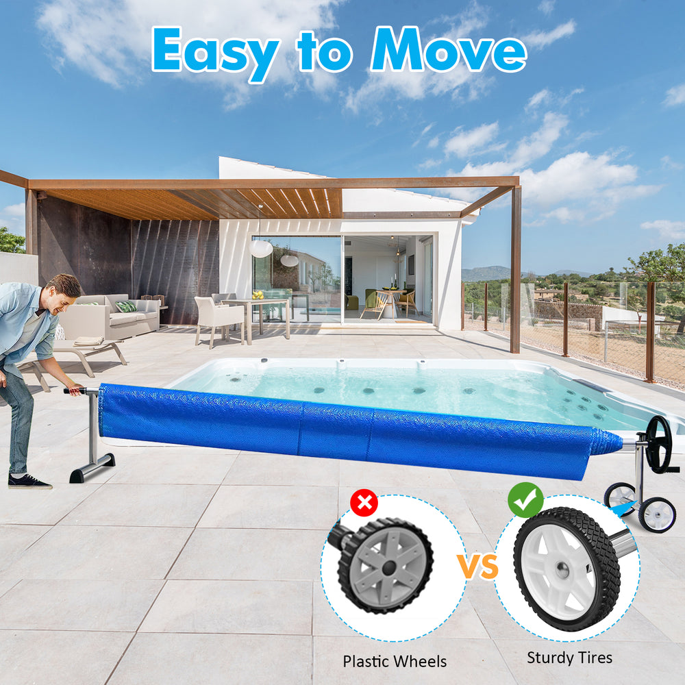 22 Ft pool cover reel set with aluminum frame, sturdy wheels, and easy-to-move design for in-ground swimming pools.