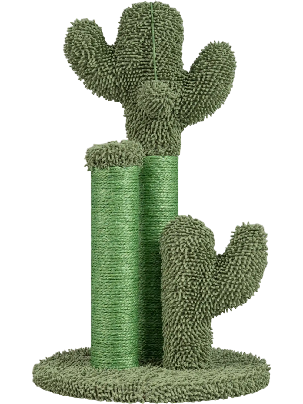 Cactus-shaped cat scratching post in green with sisal rope, plush ball, and stable base for healthy claw maintenance.